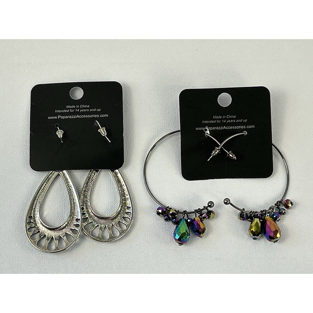 Paparazzi Earrings Lot Silver Teardrop Filigree & Beaded Hoop Dangle Set - Picture 2 of 10